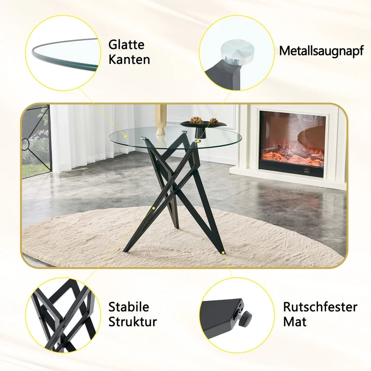 Runder Glas-Couchtisch Ø ca. 85 cm, moderner Wohnzimmertisch mit geometrischem Design-Untergestell, gehärtete Glasplatte, stabiler Beistelltisch für Wohnzimmer – Bild 8