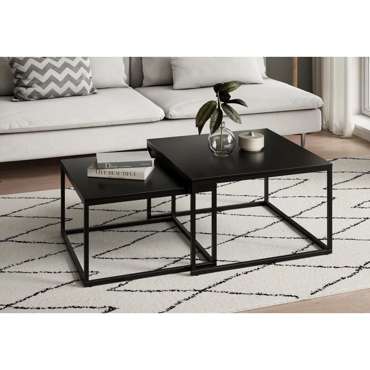 Home Collective Couchtisch 2er Set aus Holz, Wohnzimmertisch Modern (Büro Beistelltisch Loft Design TWIN, kratzfeste Oberfläche, Set 2 in 1), in schwarz, Quadratisch Beistelltisch Set 2 in 1 mit Metallgestell – Bild 1