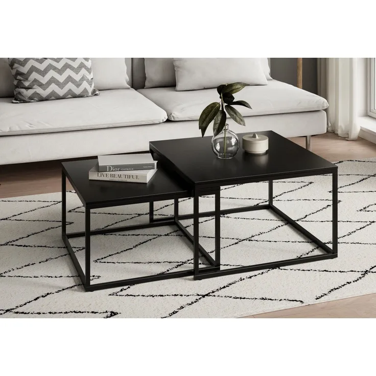 Home Collective Couchtisch 2er Set aus Holz, Wohnzimmertisch Modern (Büro Beistelltisch Loft Design TWIN, kratzfeste Oberfläche, Set 2 in 1), in schwarz, Quadratisch Beistelltisch Set 2 in 1 mit Metallgestell