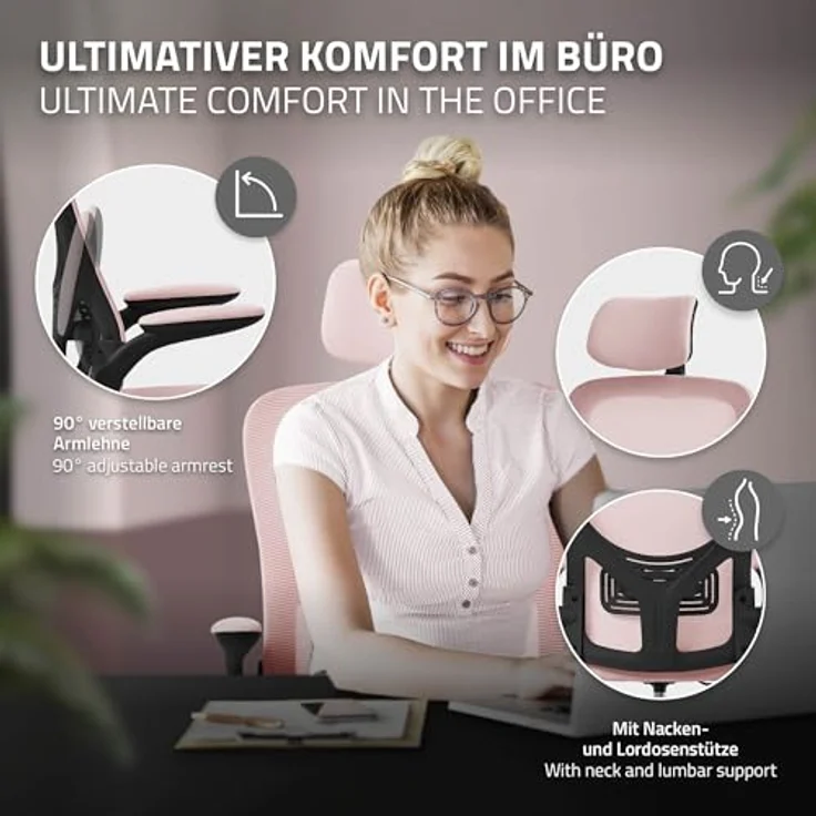 ML-DESIGN Schreibtischstuhl Pink, Ergonomischer Drehstuhl mit Netzrücken, 1-Sitzer, 60.5x121x60 cm, für das Arbeitszimmer – Bild 4