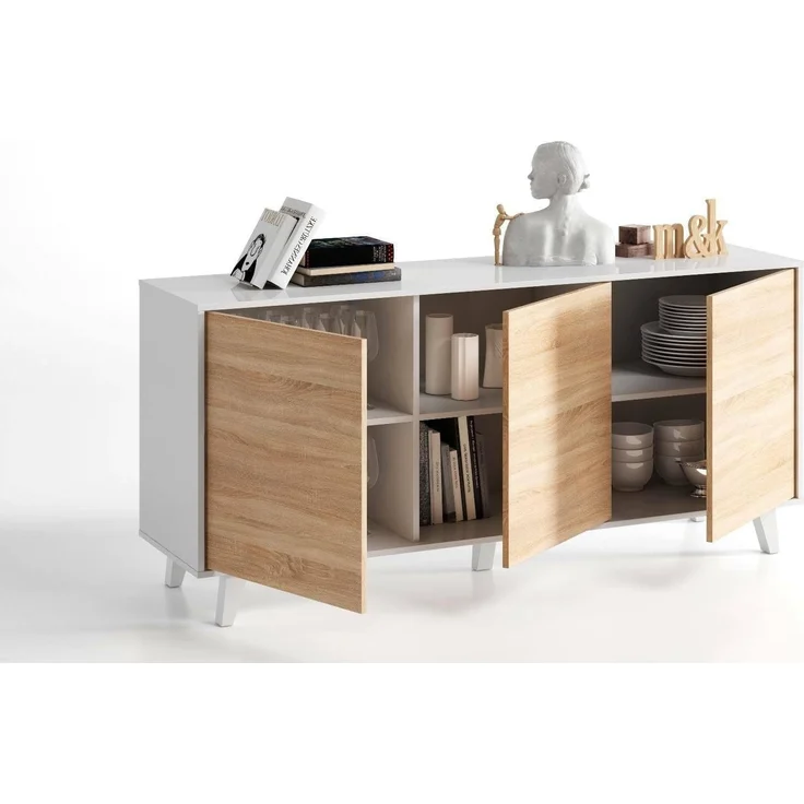 Dmora - Anrichte Arvada, Modernes Sideboard mit 3 Türen und Einlegeböden, Küchenbuffet, Wohnzimmer-Design-Buffet, 154x40h75 cm, Weiß und Eiche – Bild 8