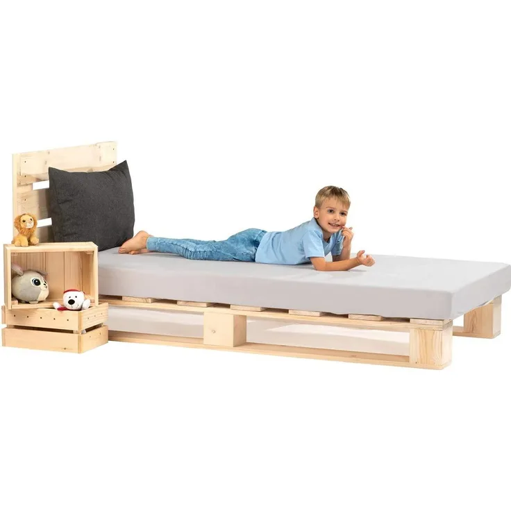 sunnypillow 100x200 cm Palettenbett mit Kopfteil Holzbett Bett aus Paletten Palettenmöbel Naturholz Fichte europalette 80 90 100 120 140 160 180 200 220 240x200 cm