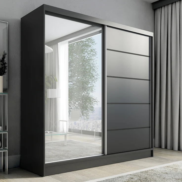 A&J MöbelLand Schwebetürenschrank NERO 2 200 cm mit Spiegel drei Schubladen – Bild 1
