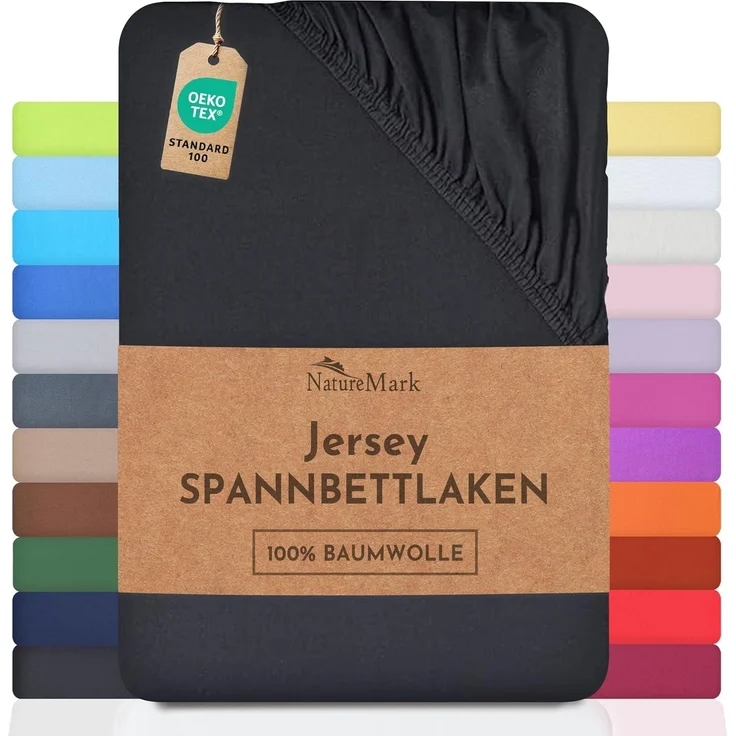 NatureMark Jersey Spannbettlaken, Spannbetttuch 100% Baumwolle in vielen Größen und Farben MARKENQUALITÄT ÖKOTEX Standard 100 | 200x220 cm +40 Steg - schwarz