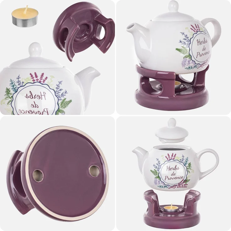 KADAX Teekanne 1L mit Stövchen Set, Kaffeekanne aus Porzellan mit Deckel, Griff und Teestövchen, Kanne mit Teelicht Wärmer für Tee, Teeservice (Violett/Weiß) – Bild 9