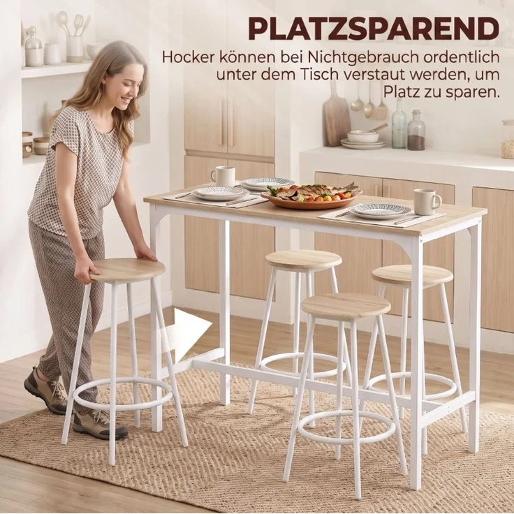 Bartisch-Set 5-teilig mit 4 Hockern, 110x50x89,5 cm, Eiche – Bild 7
