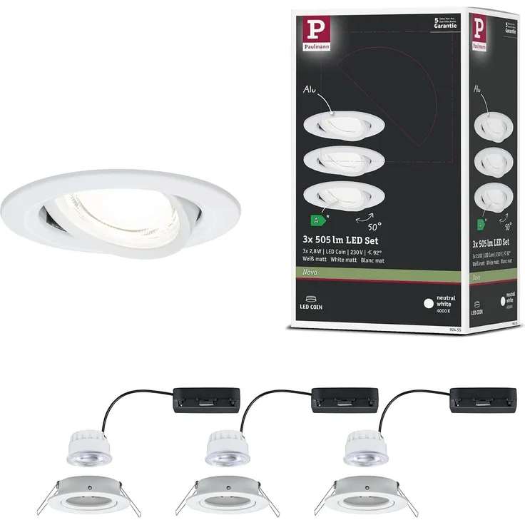 LED Einbauleuchte Nova Coin 3er-Set rund 84mm 50° 3x2,8W 3x505lm 230V 4000K Weiß matt