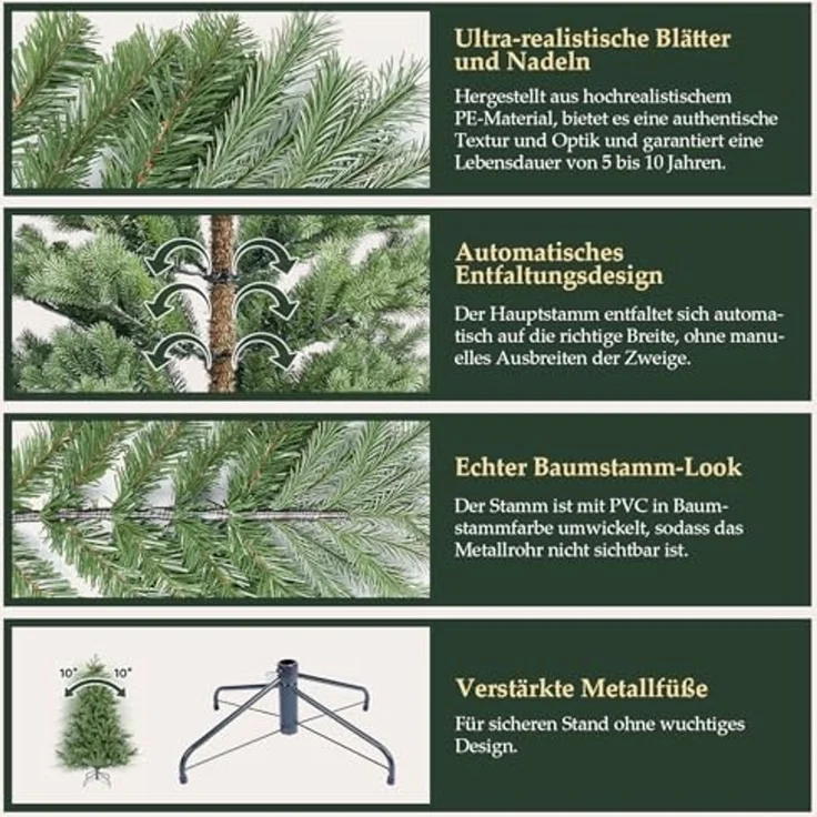 SALCAR Künstlicher Weihnachtsbaum 180 cm aus 90% PE Spritzguss, Premium Nordmanntanne, realistischer Christbaum mit Schnellaufbau Klappsystem – Bild 4