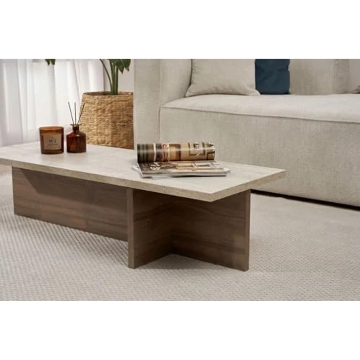 Hanah Home Stilvoller Couchtisch, 120 cm breit, 30 cm hoch, 45 cm tief | 100% melaminbeschichtet, 25 mm stark | Oberfläche in Travertin und Mailänder Nussbaum, langlebig und elegant – Bild 6