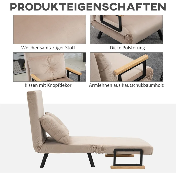HOMCOM Relaxsessel mit Bettfunktion, Polstersofa mit verstellbarer Rückenlehne, Gästebett, Beige, 63 x 73 x 81 cm – Bild 6