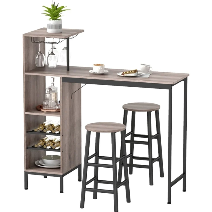 3-tlg, Bartisch-Set mit Stauraum, Weinregalen, Glashaltern, Hockern mit Fußstütze, für kleine Räume, Grau--Grau--121.5x40x122cm--YOUDENOVA – Bild 8