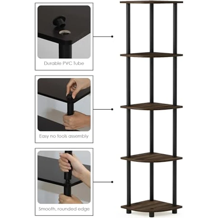 Furinno Eckregal mit 5 Ebenen, Mehrzweckregal, Holz, Columbia Walnut/Schwarz, 29. 46x29. 46x146. 56 cm – Bild 8