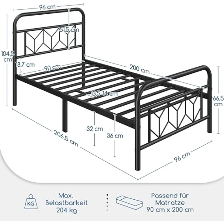 Yaheetech Bettgestell 90x190 cm, Vintage Metallbett Bettrahmen mit Hohem Kopfteil, Moderner Minimalistischer Einzelbett mit Lattenrost & Stauraum unter dem Bett, Gästerbett für Schlafzimmer, Schwarz – Bild 3
