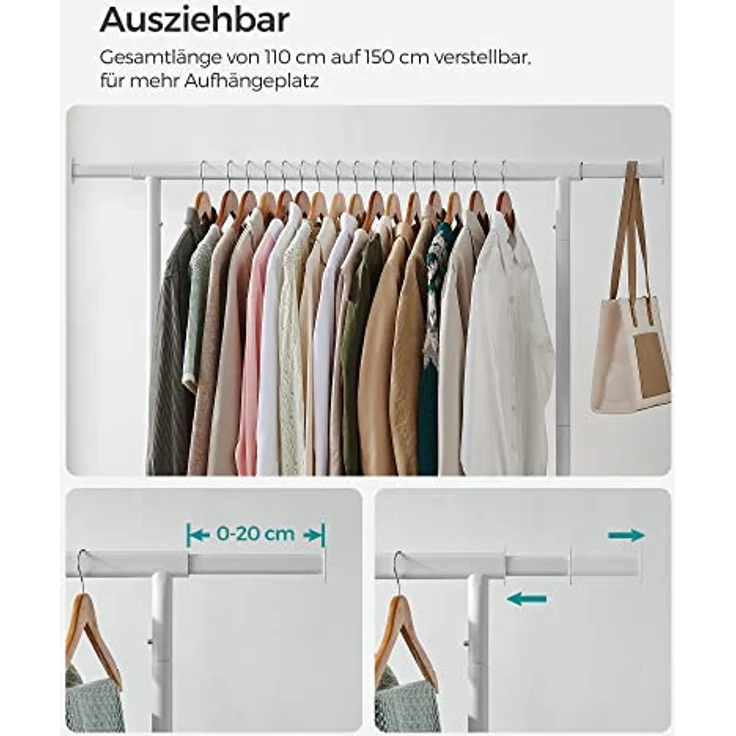 SONGMICS Kleiderständer auf Rollen, Garderobenständer, hochbelastbar, ausziehbare Kleiderstange, bis 130 kg belastbar, 45 x (110-150) x 162,9 cm, aus Metall, verchromt, mattweiß HSR011W01 – Bild 7