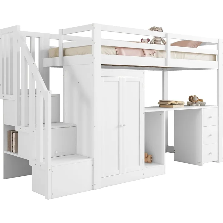 SOFTWEARY Hochbett mit Lattenrost und Kleiderschrank (90x200 cm) Einzelbett mit Rausfallschutz, Kiefer
