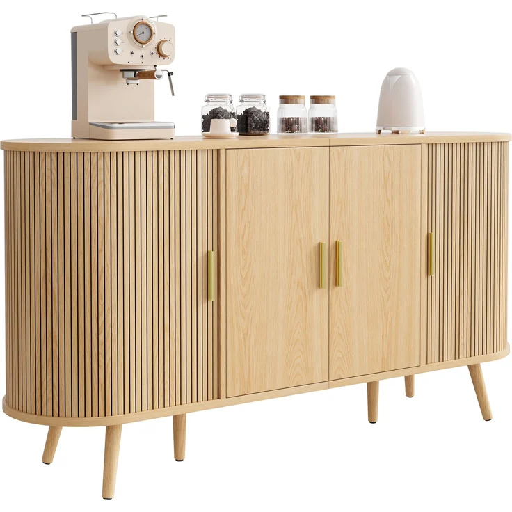 Merax Sideboard mit Schiebetüren an den Seiten, gebogenes Design mit vertikaler Rillenverkleidung, Griffleisten aus Metall, Aufbewahrungsschrank, Natur – Bild 10