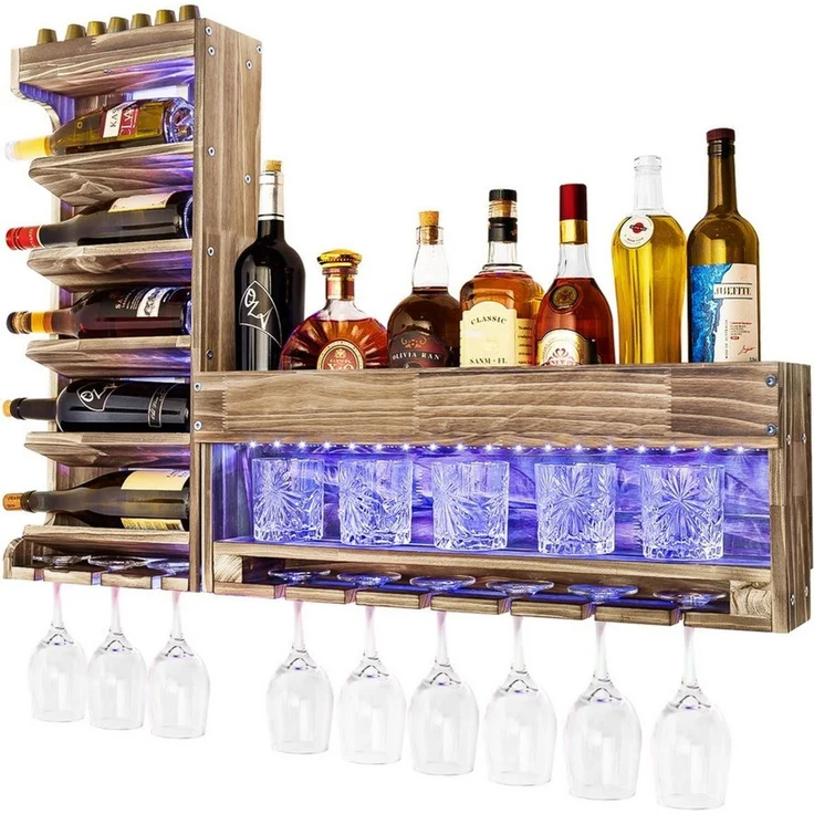 Yorbay Weinregal Weinregal aus Holz, Wandbar mit Korkhalter, mit LED Beleuchtung, für Weingläser, Whiskygläser, Wandmontage Wand Flaschenhalter Vintage Stil für Hausbar – Bild 5