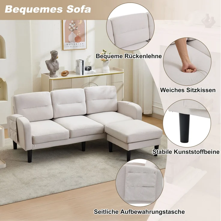 DESVIAE Sofa 3-Sitzer mit Chaiselongue und Seitentaschen 204x80x136 cm Vliesstoff Beige – Bild 5