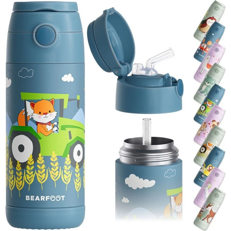 BEARFOOT Trinkflasche Thermo Kinder Trinkflasche Edelstahl - Traktor Fuchs blau, Thermosflasche, auslaufsicher, Edelstahl, Kinderflasche, BPA-frei – Bild 1