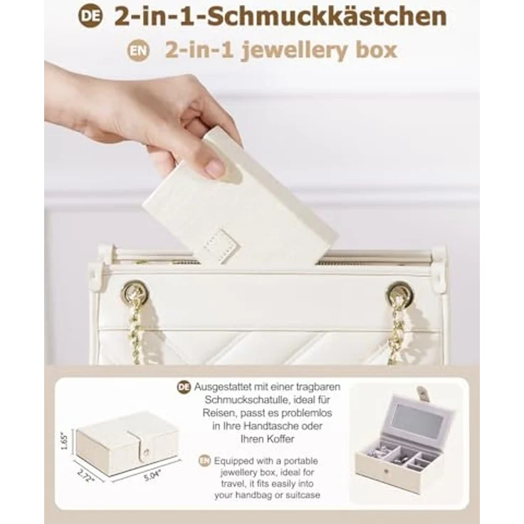 Yorbay Schmuckkasten Schmuckkoffer mit 4 Ebenen/2 Seitenfächern, Cremeweiß mit Holzmaserung (Abschließbar, Mit herausnehmbarer Mini-Box, Mit Spiegel), Schmuckkästchen für Halsketten/Uhren/Ringe/Armbänder/Ohrringe/Brille – Bild 4
