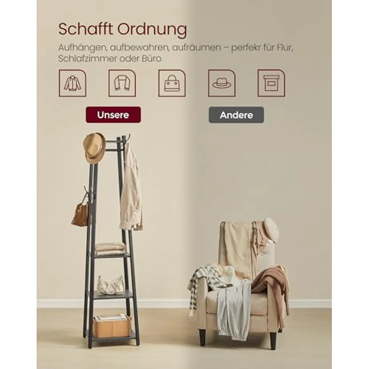 VASAGLE Garderobenständer, Kleiderständer, Garderobe mit 8 Doppelhaken, 4 Ablagen, Kleiderstange, mit Metallrahmen, für Schals, Jacken, Taschen, für Flur, anthrazitgrau-tintenschwarz LCR080B03 – Bild 7