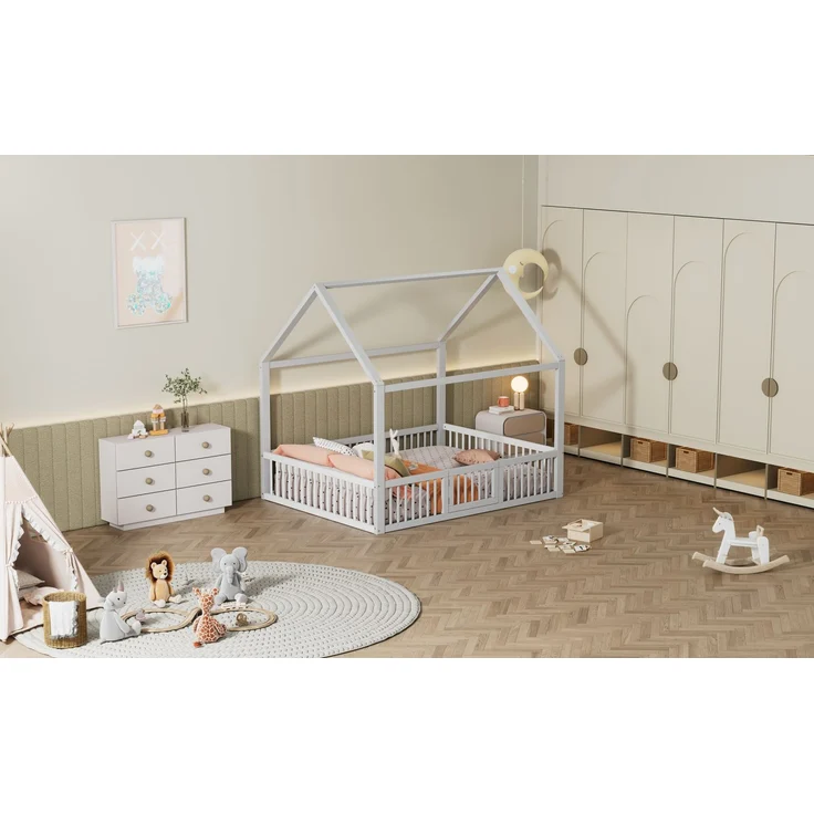 Merax 140*200cm Massivholzbett, Doppelbett, Flachbett, Hausbett, Hausbett mit Türchen, weiß – Bild 9