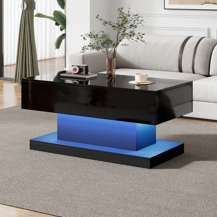 Couchtisch, mit hydraulischem Höhenverstell-System, Stauraum & LED-Beleuchtung, 100x50x45 cm, Schwarz – Bild 2