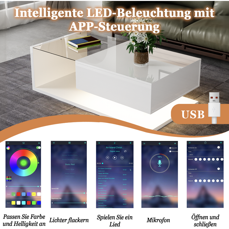 Couchtisch, Spanplatte mit Glasplatte & LED-Beleuchtung, 105x55x32,5 cm, Weiß Hochglanz – Bild 7