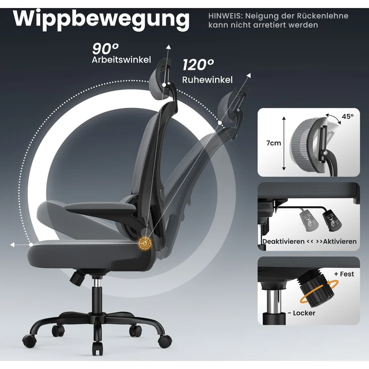 Botifly Ergonomischer Bürostuhl, Mesh-Gewebe, Grau, 90°-120° Wippfunktion, 10 cm Höhenverstellbar, 52 x 25.5 x 62 cm – Bild 4