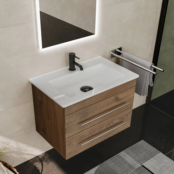 Alpenberger Badmöbel-Set Waschbecken mit Unterschrank - Waschbeckenunterschrank mit Schubladen, (Gäste WC Waschtisch Set, Badezimmer Möbel Set), Waschtisch mit Unterschrank Eiche - 60 cm Breit – Bild 1