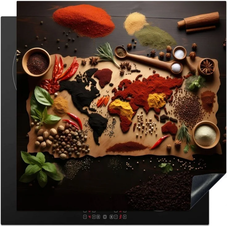 MuchoWow Herd-Abdeckplatte Kräuter - Gewürze - Weltkarte - Braun - Löffel - Farbenfroh, Vinyl, (1 tlg), Ceranfeldabdeckung Küche, Herdabdeckplatte Einteilig, 60x52 cm – Bild 1