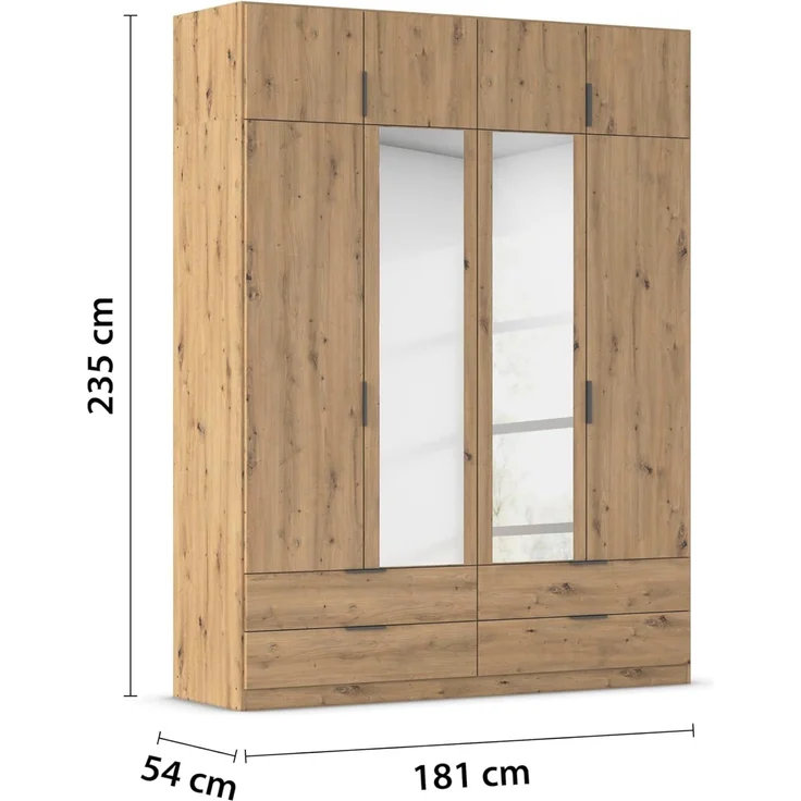 Rauch Möbel Lagoa, Kleiderschrank, Garderobe für Schlafzimmer, Kinderzimmer, Jugendzimmer 8-türig, mit Spiegel, 4 Schubladen, mit Zubehör Classic, Farbe Eiche Artisan, Holz, Breite 181 – Bild 3