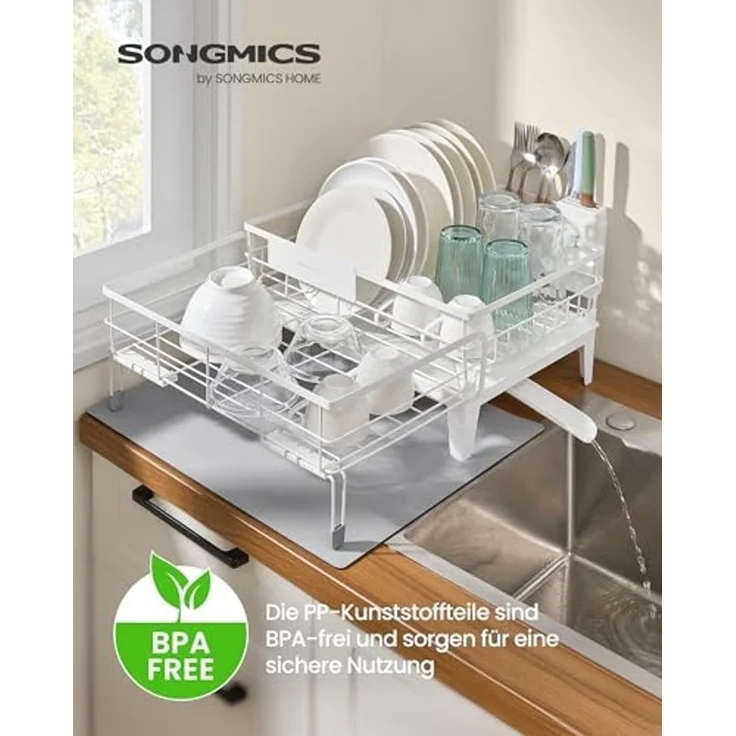 SONGMICS Abtropfgestell Geschirr, ausziehbarer Geschirr-Abtropfständer, wasserabsorbierende Silikonmatte, 360° drehbarer und ausziehbarer Ablauf, (31-56) x 42 x 20 cm, mattweiß-taubengrau – Bild 2
