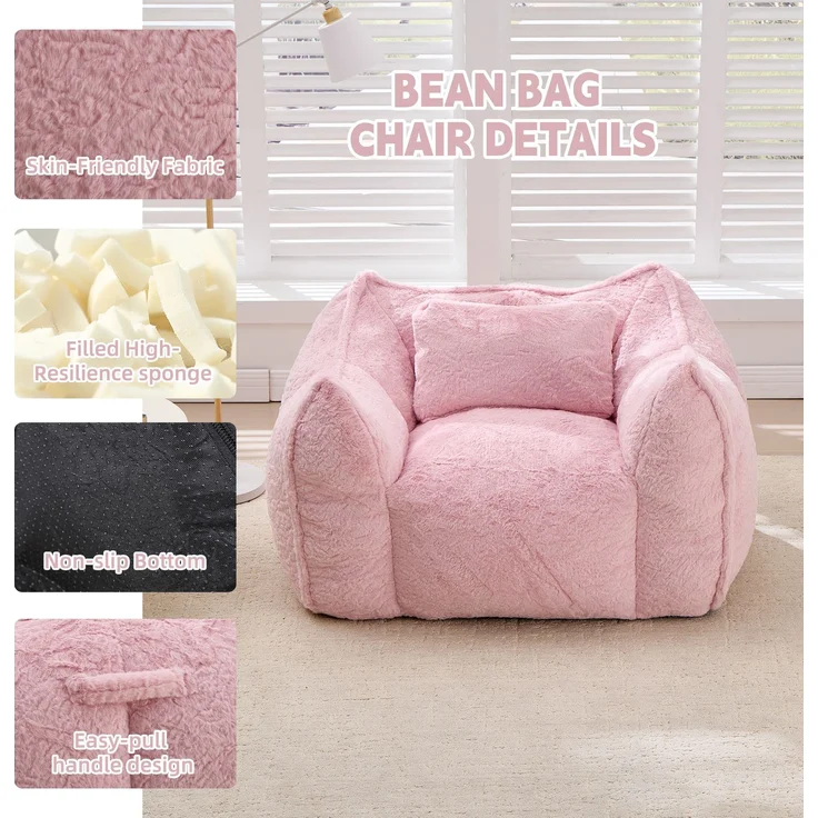 Riesiger Sitzsack mit Kissen, bequemer großer Sitzsack für Erwachsene und Kinder, Kunstfell-Bodensofa für Wohnzimmer, Schlafzimmer und Wohnung, Rosa – 123 x 97 x 73 cm – YOUDENOVA – Bild 4