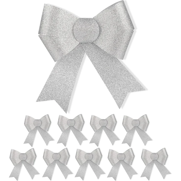 relaxdays Weihnachtsbaumschleife Glitzernde Schleife im 10er Set (10-tlg), silber – Bild 1