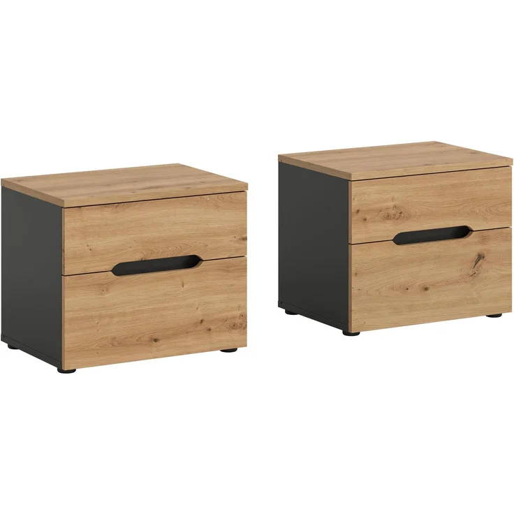 Nachttisch Sova 2er-Set – Eiche-Optik & Schwarz, 50x42x37 cm, mit Stauraum & Schublade – Bild 5