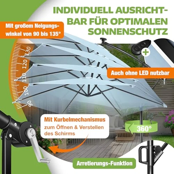 KESSER® Alu Ampelschirm LED Solar + Abdeckung mit Kurbelvorrichtung UV-Schutz Aluminium mit An-/Ausschalter Wasserabweisend - Sonnenschirm Schirm Gartenschirm 350cm, Hellblau – Bild 6