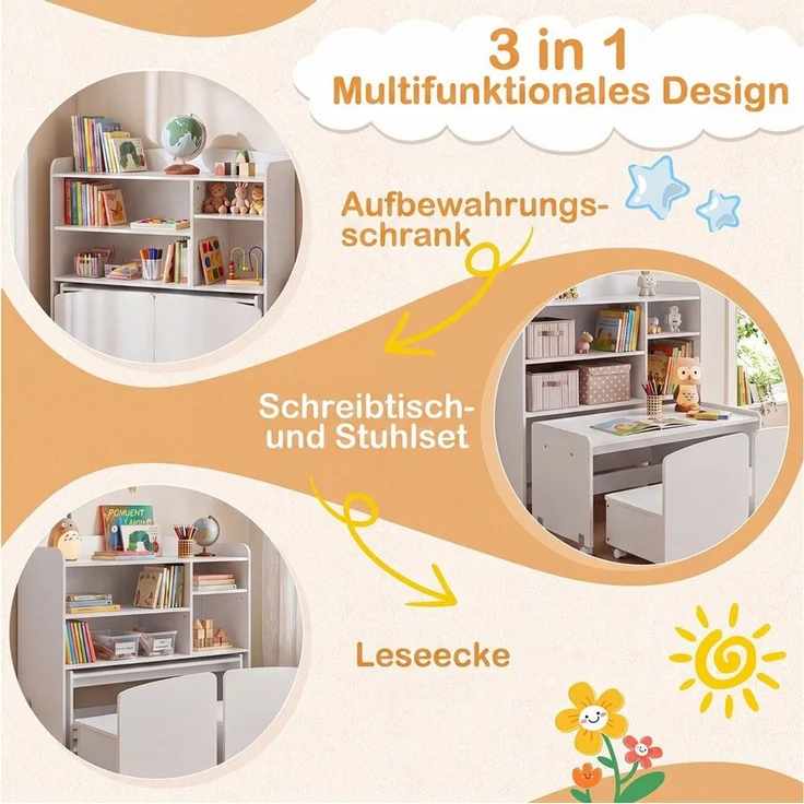 COSTWAY Kindertisch (4-St), 3 in 1 Kinderregal mit Tisch auf Rollen, 2 Stuhl – Bild 2