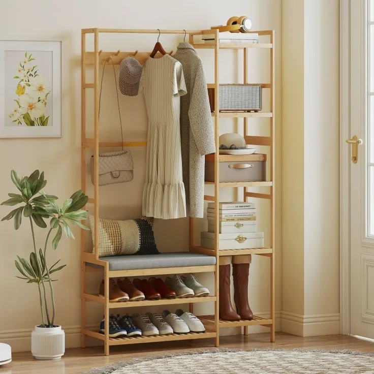 Garderobenständer 104x33x175 cm aus Bambus, mit Sitzbank, Schuhschrank und 10 Haken