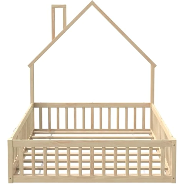 Ball & Cast Bodenbett (140x200 cm), Jugendbett und Hausbett mit Schornsteinform, Kinderbett 90x200 mit rausfallschutz, ohne Matratze, Natürlich – Bild 8
