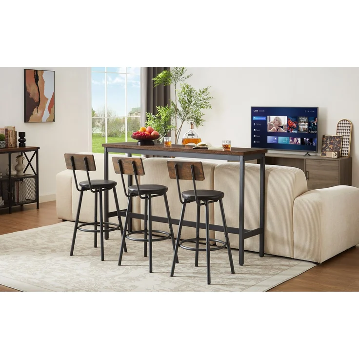 Bartisch-Set mit 3 PU-Hockern, 160x40x95,5 cm, Rustikales Braun/Schwarz – Bild 3