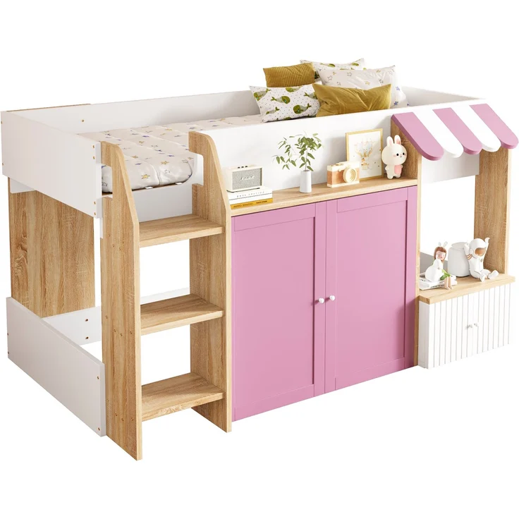 Kinder Hochbett 90x200 niedrig mit Haus-Design - Spielbett mit zweiter Liegefläche, Stauraum, breiter Leiter, weiß & Rosa – Bild 5
