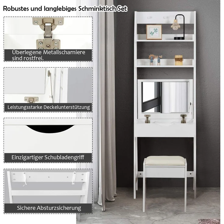 COSTWAY Schminktisch mit Klappspiegel, Hocker, Haken und Ablagefächern, Holz weiß, 60 x 40 x 180 cm – Bild 3
