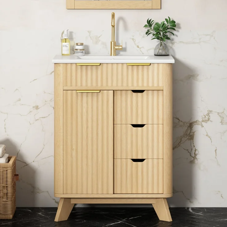 Waschtischkommode 61 x 47 x 90 cm aus MDF mit Keramikwaschbecken, Schiebetür und Wellenstruktur – Bild 2