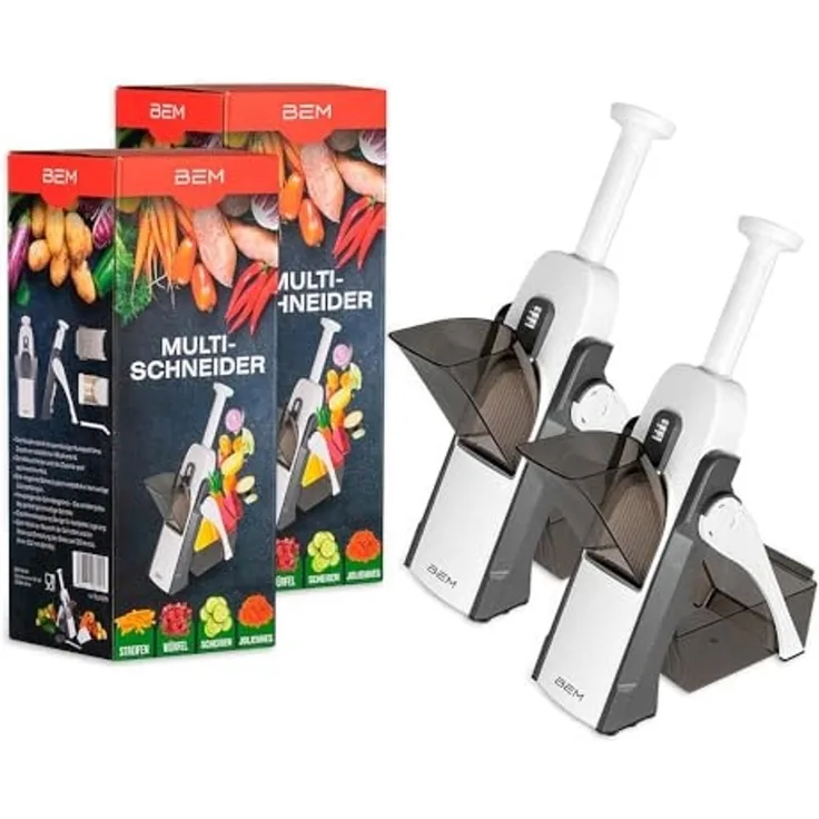 BEM Gemüsehobel 2x Multifunktionaler handbetriebener Gemüseschneid, Kunststoff, (24-in-1 Multischneider mit Fingerschutz, Mandoline Slicer Kartoffelschneider Zwiebelschneider Karottenhobel), Gurkenschneider Salatschneider Pommesfrites Cutter BPA-Frei