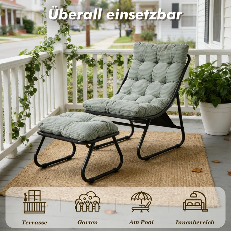 LVHOM Sessel mit Hocker, Gepolsterter Loungesessel aus Cord mit Metallgestell, ergonomischer Relaxsessel für Wohnzimmer und Schlafzimmer, Grün – Bild 6