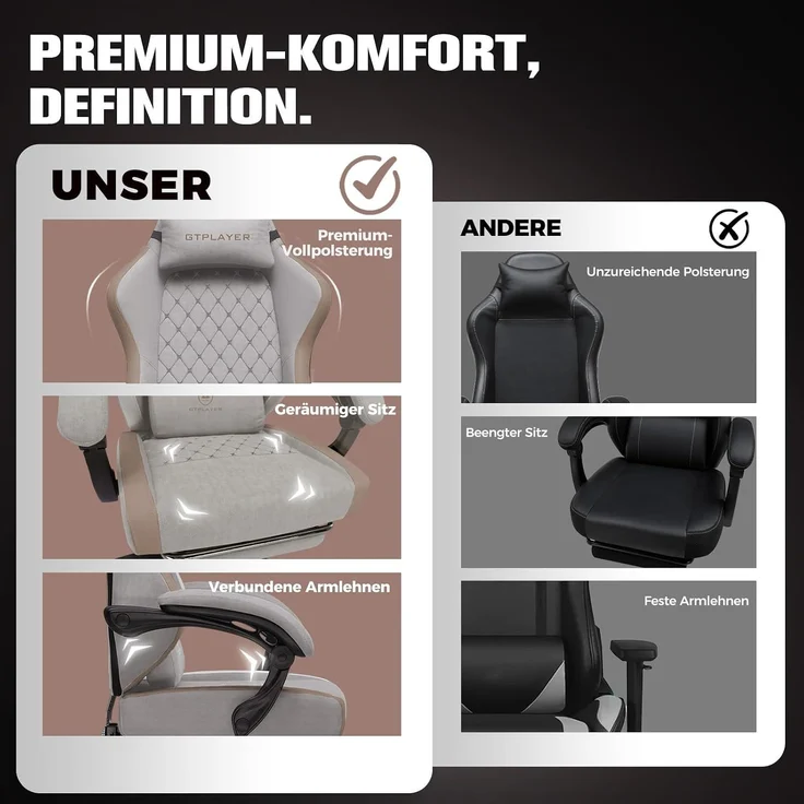 GTPLAYER Gaming Stuhl Ergonomischer, PC Stuhl Atmungsaktiver Stoff, Groß und Hoch Drehbarer Schreibtischstuhl mit Fußstütze,Verstellbare Lendenwirbelstütze und Kopfstütze,Hellbraun – Bild 8
