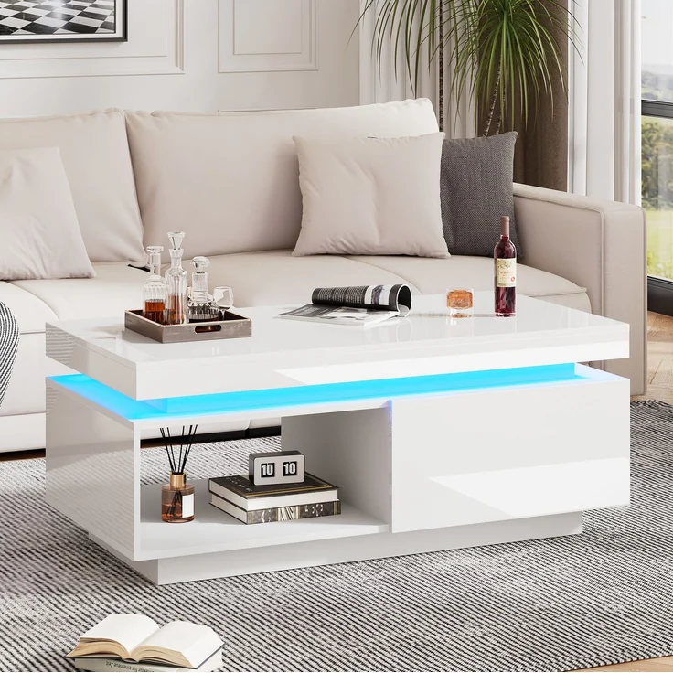Couchtisch mit LED-Beleuchtung und Schublade, moderner Wohnzimmertisch, Stauraum – Bild 6
