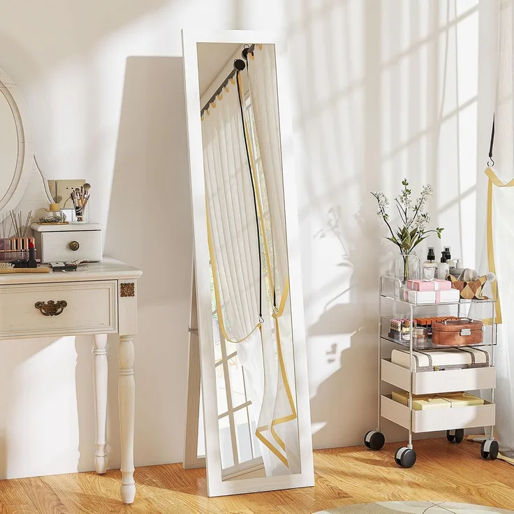 HOMCOM Standspiegel mit Ständer und Haken (Stehspiegel, 1-St, Wandspiegel), für Wohnzimmer, Schlafzimmer, Weiß