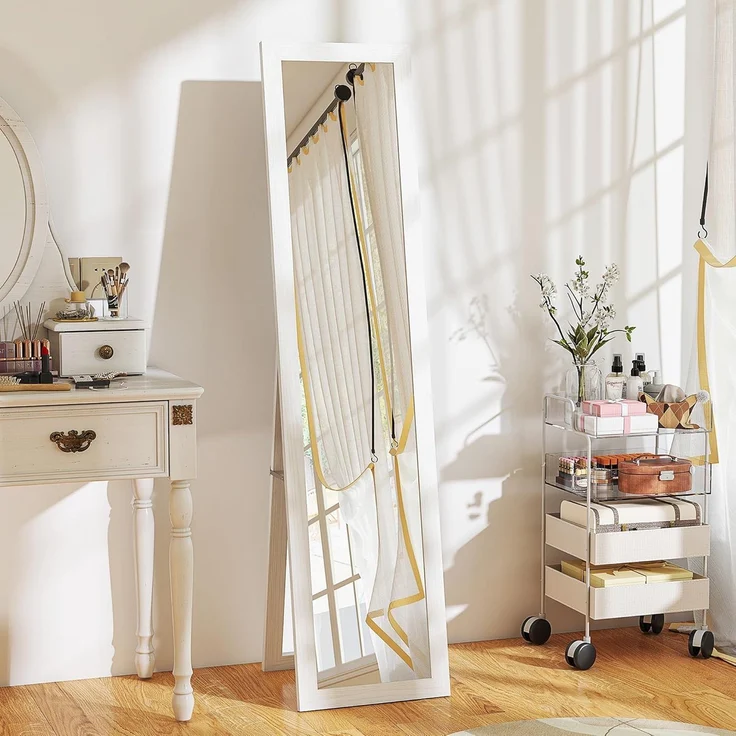 HOMCOM Standspiegel mit Ständer und Haken (Stehspiegel, 1-St, Wandspiegel), für Wohnzimmer, Schlafzimmer, Weiß – Bild 1